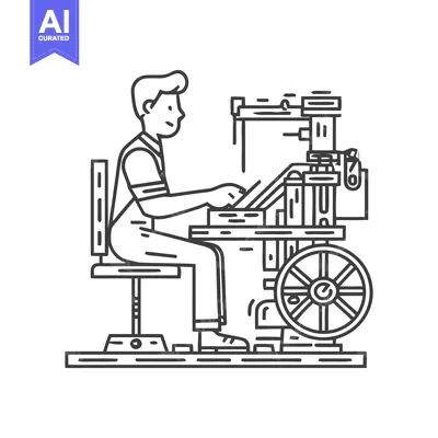 Skilled Craftsman Operating Vintage Printing Press: Detailed Monochrom