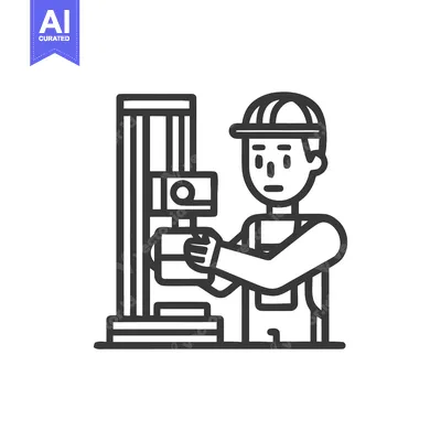 Aset desain premium: Clean Line Art Icon of Male Industrial Worker Operating Press Machine