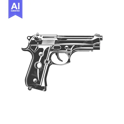 A black and white illustration of a handgun