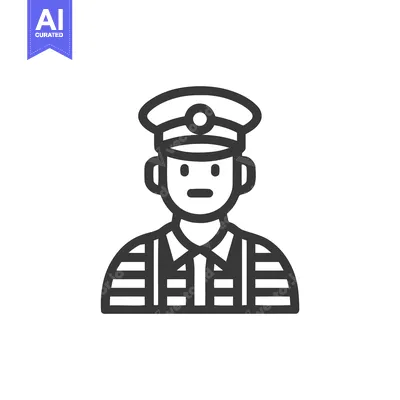 Monochromatic Line Art Icon of Uniformed Officer with Peaked Cap, Symb