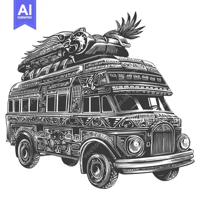 A Black and White Illustration of a Highly Decorated Bus