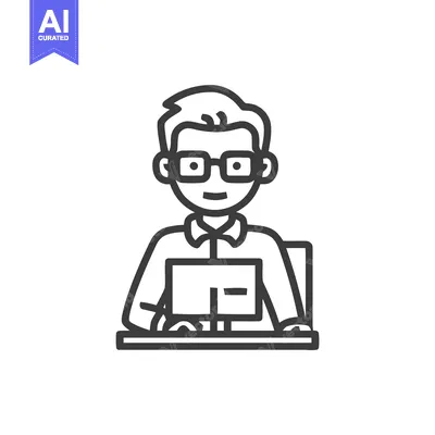 Aset desain premium: Smiling Person with Glasses at Computer Desk Line Art Icon, Minimalist