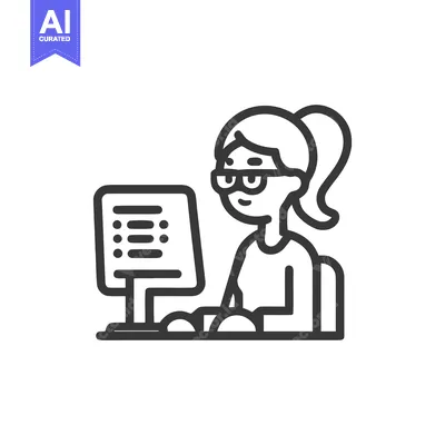Popular premium asset: Minimalist Line Art Icon of Woman with Glasses Working on Desktop Comp