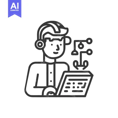 Aset premium populer: Modern Line Art Icon of Person with Headphones and Laptop for Data Pro