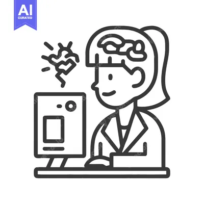 Line Art Icon: Woman at Computer with Crumpled Brain, Symbolizing Prob