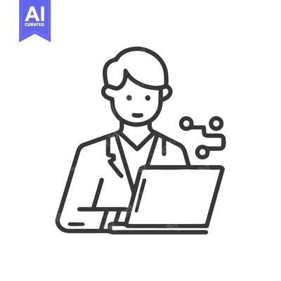 Premium design asset: Minimalist Line Art Icon: Person with Laptop and Circuit Symbol, Repre