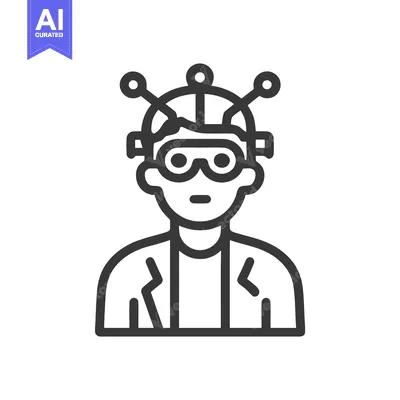 Futuristic Person Icon with VR Goggles and Brain Interface Headset, Re