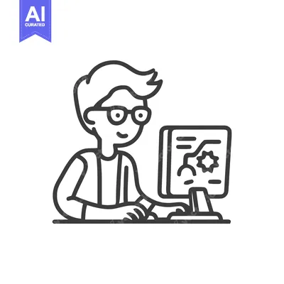 Aset desain premium: Smiling Young Man with Glasses Coding or Developing on Computer, Minim