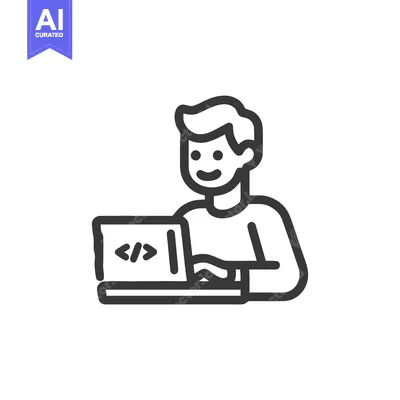 Smiling Developer Coding on Laptop, Minimalist Line Art Icon for Progr