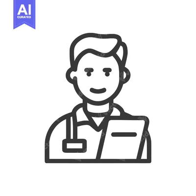Smiling Doctor Line Art Icon with Stethoscope and Clipboard, Minimalis
