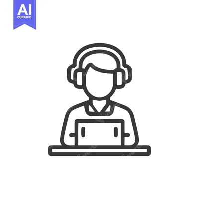 Minimalist Line Icon of Person with Headphones and Laptop, Remote Work