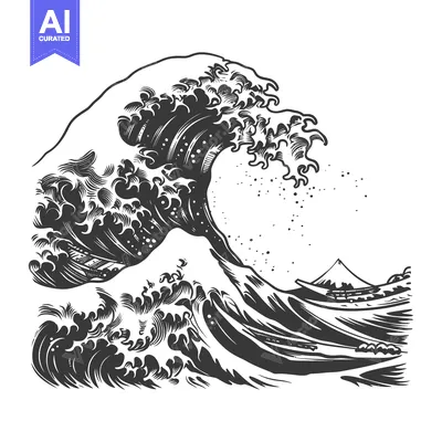 A Black and White Illustration of a Large Wave Breaking Over Mount Fuj