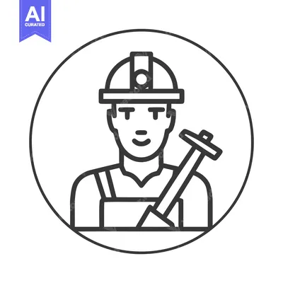 Monochrome Line Art Icon: Male Worker in Hard Hat with Pickaxe, Profes