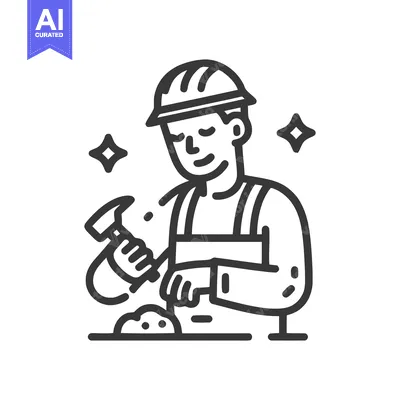 Monochrome Line Art Icon: Skilled Craftsman in Hard Hat Diligently Wor