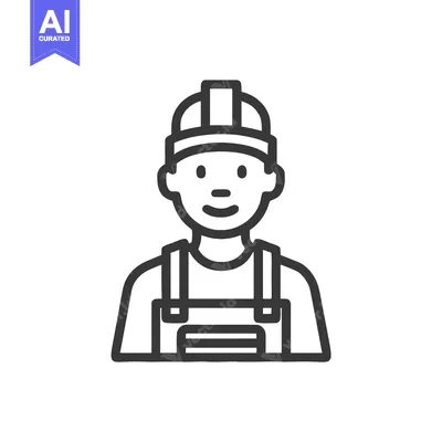 Aset premium populer: Smiling Line Art Construction Worker Icon with Hard Hat and Overalls o
