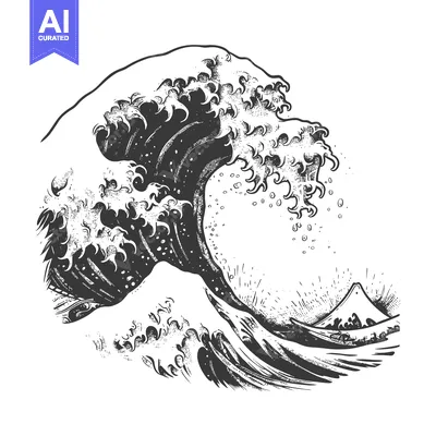 Aset desain premium: A black and white illustration of a large wave crashing over a mountai