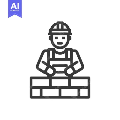 Clean Line Icon of Construction Worker in Hard Hat Building Brick Wall