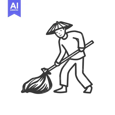 Aset desain premium: Smiling Person in Conical Hat Sweeping or Collecting, Minimalist Line