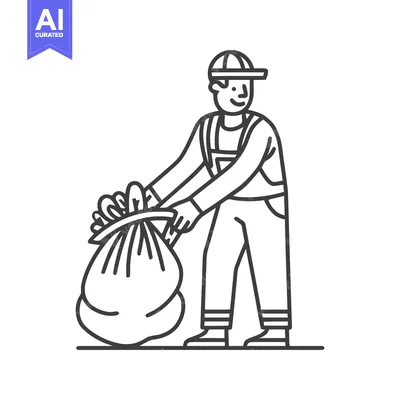 Aset desain premium: Minimalist Line Art of Smiling Worker Collecting Waste in a Large Garb