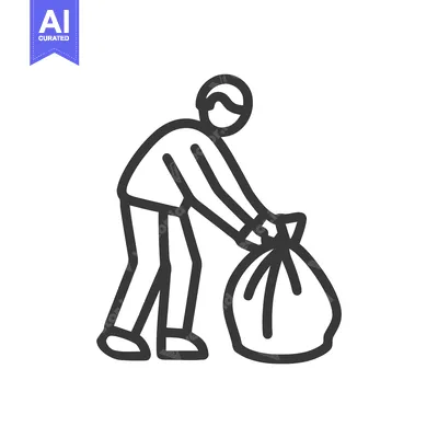 Monochrome Line Art Icon: Person Bending to Collect Large Waste Bag, S