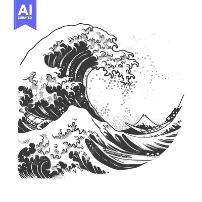 A Black and White Illustration of a Large Wave Crashing with a Mountai