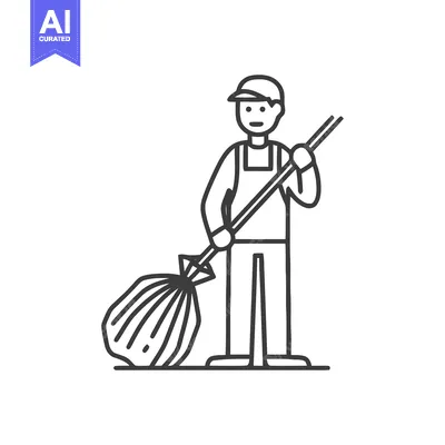 Aset premium populer: Monochrome Line Art Icon of a Smiling Sanitation Worker Sweeping with