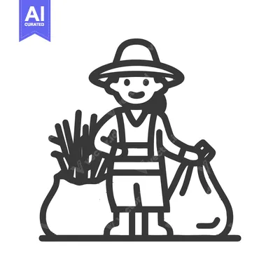 Aset premium populer: Smiling Farmer Character with Harvested Produce Bags, Simple Line Art