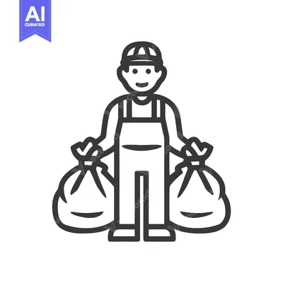 Smiling Sanitation Worker Holding Full Recycling or Trash Bags Line Ar