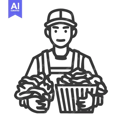 Aset desain premium: Monochrome Line Art Icon of Man in Cap Holding Laundry Basket and Clot