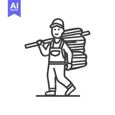 Smiling Worker Carrying Logs Icon: Simple Line Art Vector for Lumber,