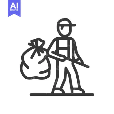 Aset desain premium: Minimalist Line Icon: Person Cleaning Environment, Holding Trash Bag a