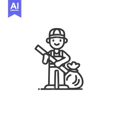 Popular premium asset: Smiling Line Art Icon: Worker with Broom and Trash Bag for Cleaning