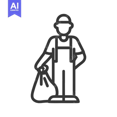 Aset premium populer: Minimalist Line Icon of a Waste Collector in Overalls Holding a Full G
