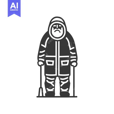 Premium design asset: A Black and White Illustration of a Man in Winter Gear Holding Two Sti