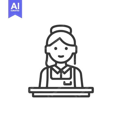 Aset premium populer: Friendly Female Receptionist Line Art Icon: Smiling Woman Behind Count