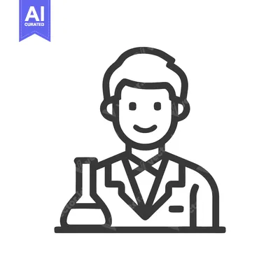 Smiling Male Scientist in Lab Coat with Flask, Minimal Line Art Icon
