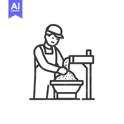 Industrial Worker Processing Granular Material with Machine Line Art I
