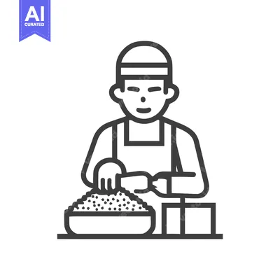 Monochrome Line Art Icon: Chef Preparing Rice in Bowl, Food Preparatio