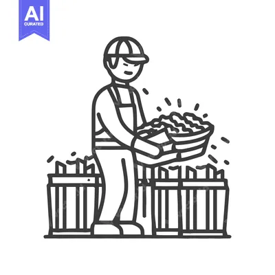 Aset desain premium: Minimalist Line Art Icon: Farmer Holding Basket of Fresh Harvested Pro