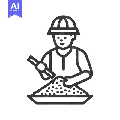 Worker in Hard Hat Mixing Granular Material with Tool, Simple Line Art
