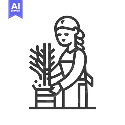 Monochrome Line Art Icon of a Woman Gardener Planting a Sprouting Seed