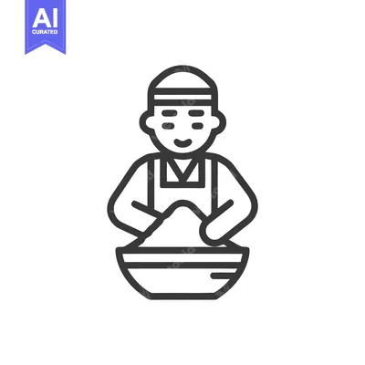 Aset premium populer: Monochrome Line Art Icon: Happy Chef Mixing Dough in Bowl, Representin