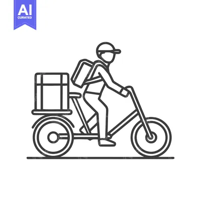 Sleek Line Art Icon of a Delivery Person on a Bicycle with a Large Rea