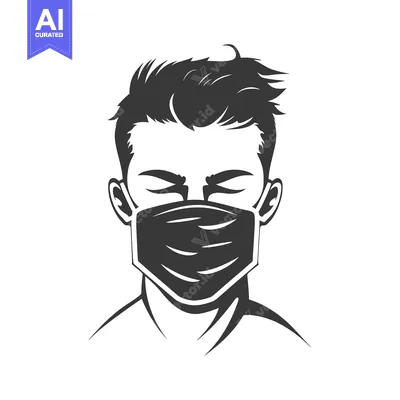 A black and white illustration of a man wearing a face mask