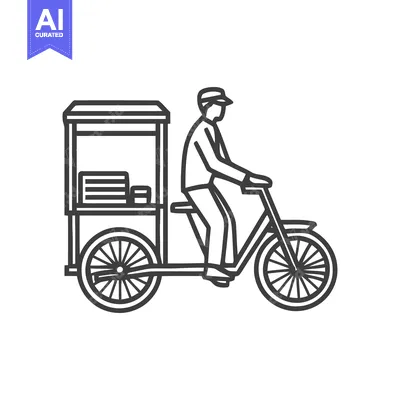 Aset premium populer: Minimalist Line Art Icon: Street Vendor on Cargo Bicycle with Front Ca