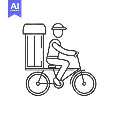 Line Art Icon: Bicycle Delivery Rider with Large Insulated Box. Urban