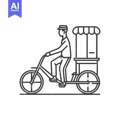 Minimalist Line Art Icon: Street Vendor on Cargo Tricycle with Mobile