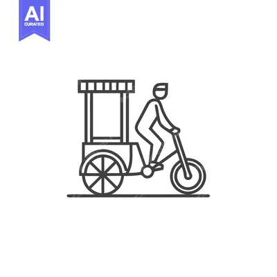 Aset desain premium: Minimalist Line Art Icon: Person Riding Bicycle with Attached Vending