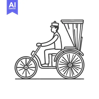 Aset premium populer: Classic Rickshaw Pedicab with Driver Line Art Icon, Traditional Urban