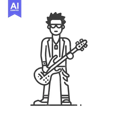 Aset premium populer: Cool Spiky-Haired Rock Guitarist Icon with Sunglasses and Electric Gui